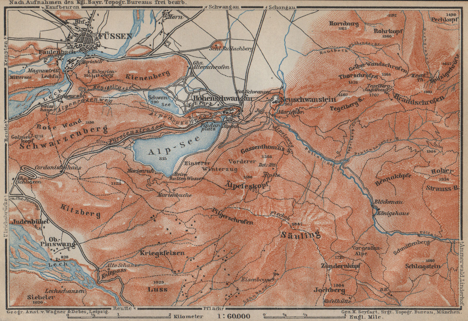 HOHENSCHWANGAU  & FÜSSEN environs. Alpsee Deutschland Österreich karte 1914 map